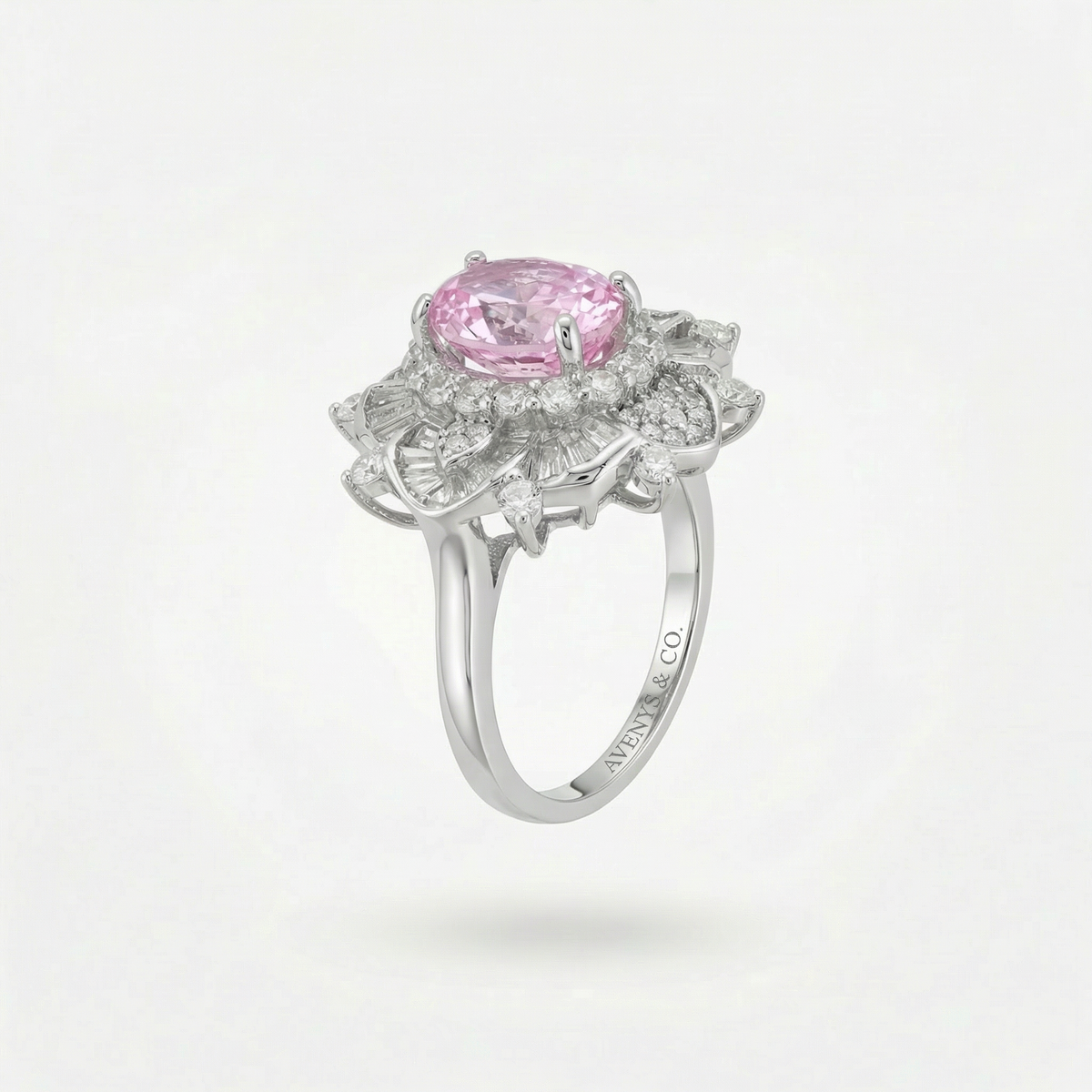 Bloom Burst Ring with Pink Oval Stone – on White Gold