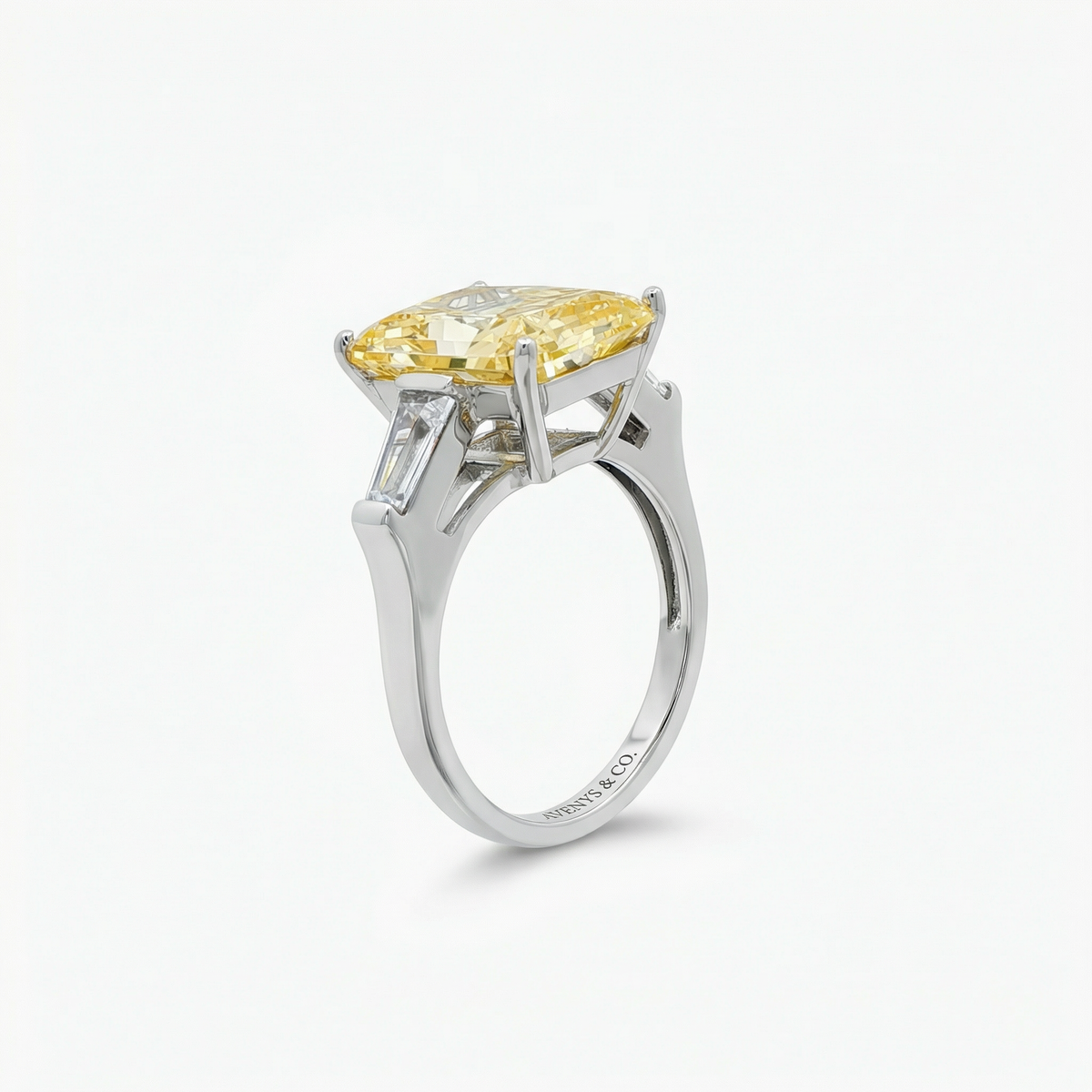 Radiant Trilogy Ring with Yellow Radiant Stone – on White Gold
