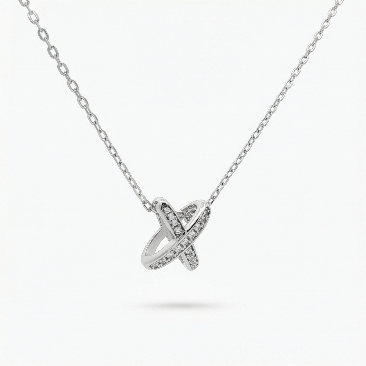 Interlink Necklace Rose Pendant with White Round Stone – on White Gold