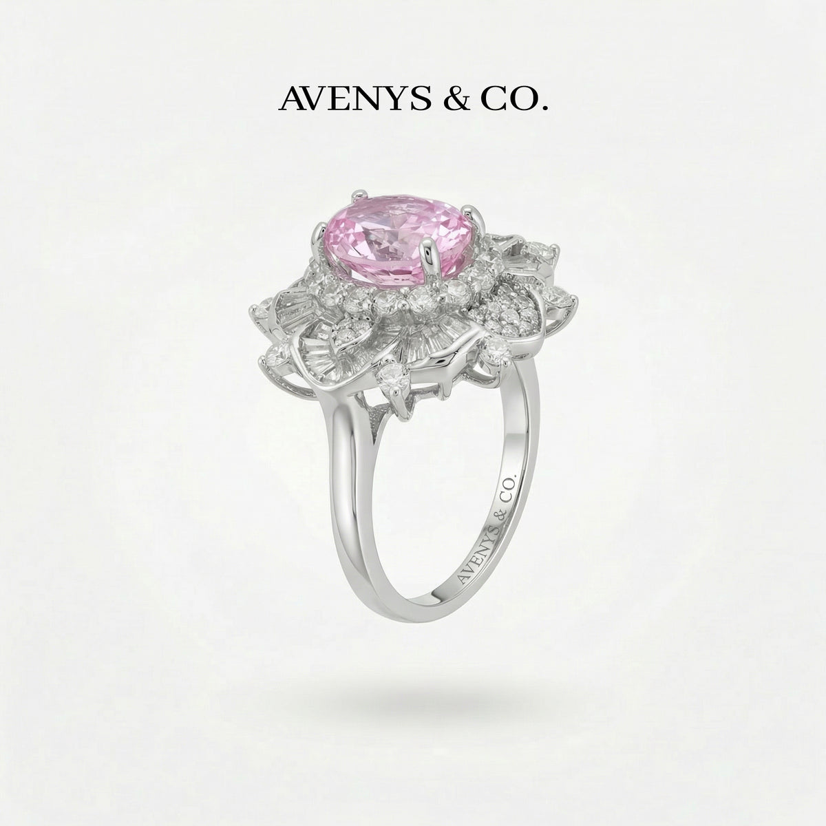 Bloom Burst Ring with Pink Oval Stone – on White Gold