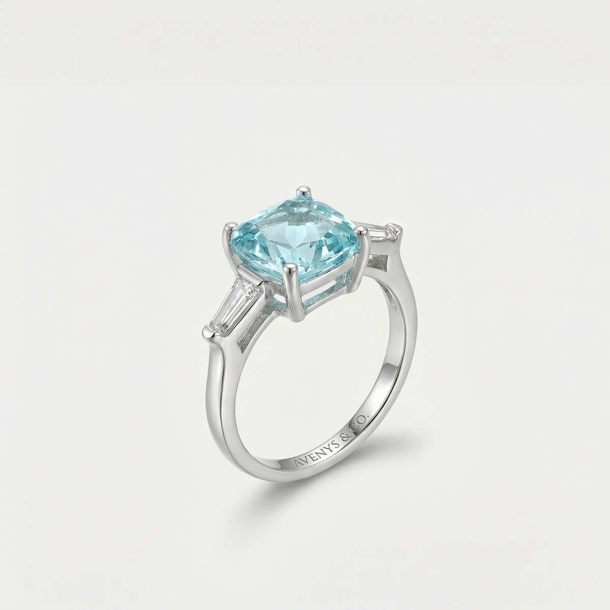 Princess Trilogy Ring with Aquamarine Princess Stone – on White Gold
