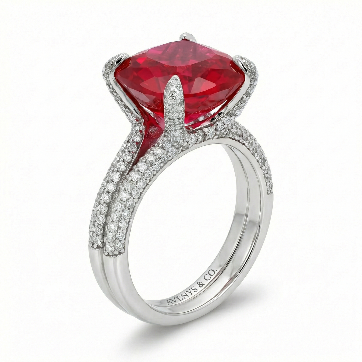 Double Shank Cocktail Ring with Red Cushion Garnet – on White Gold