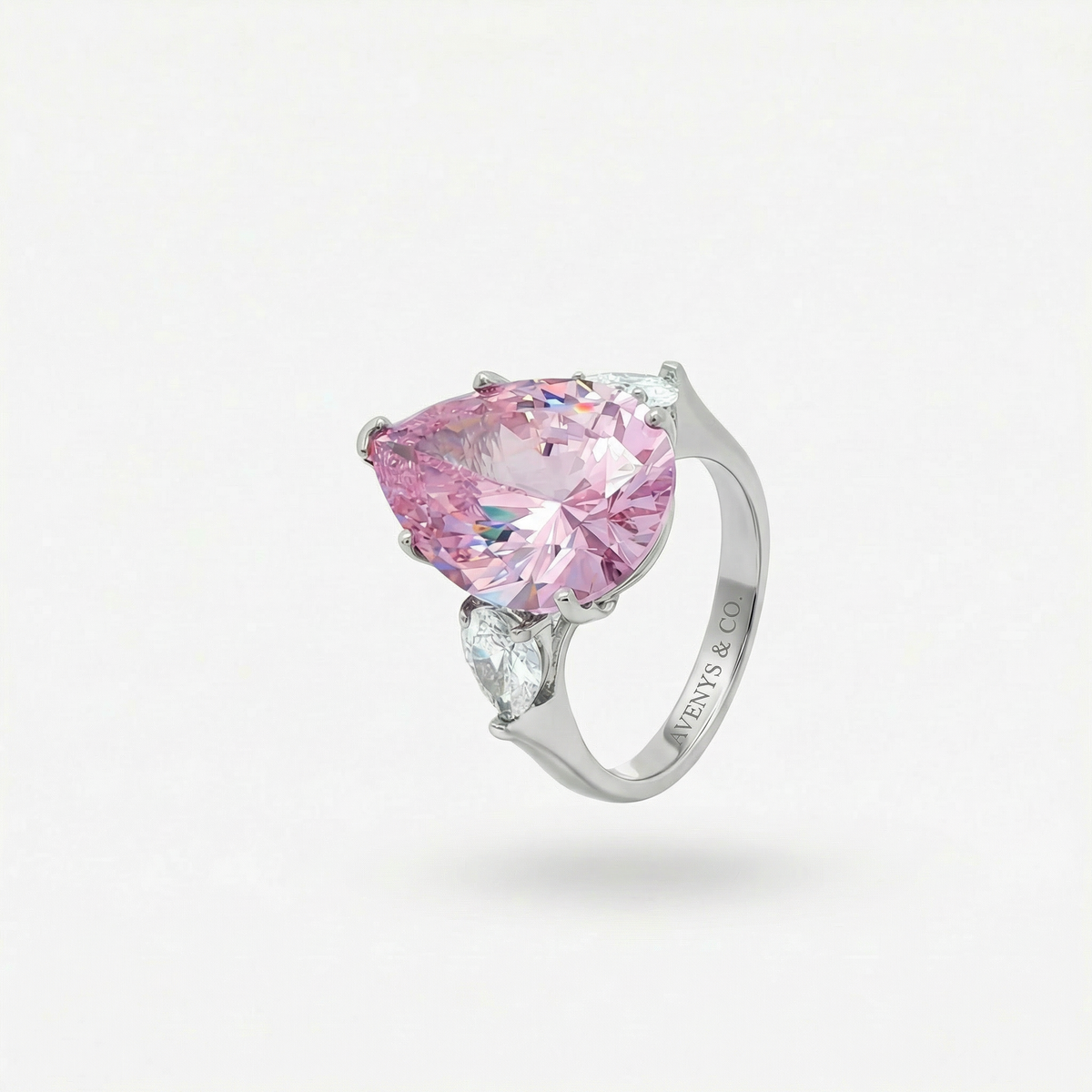 Pear Trilogy Ring with Pink Pear Stone – on White Gold