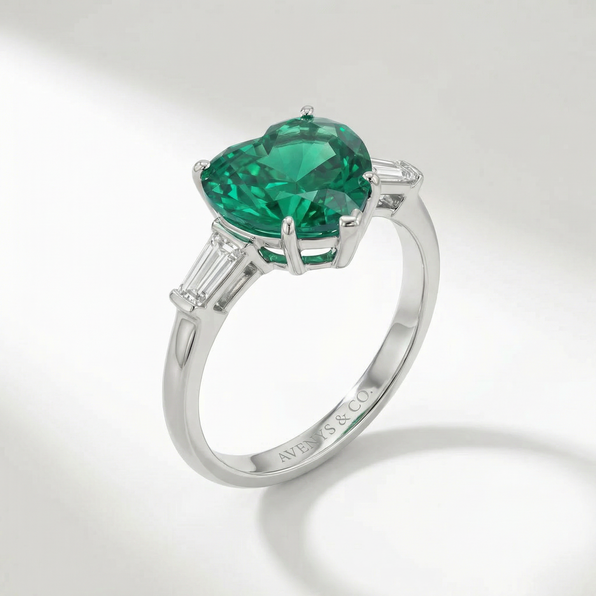 Love Heart Trilogy with Green Heart Stone – on White Gold