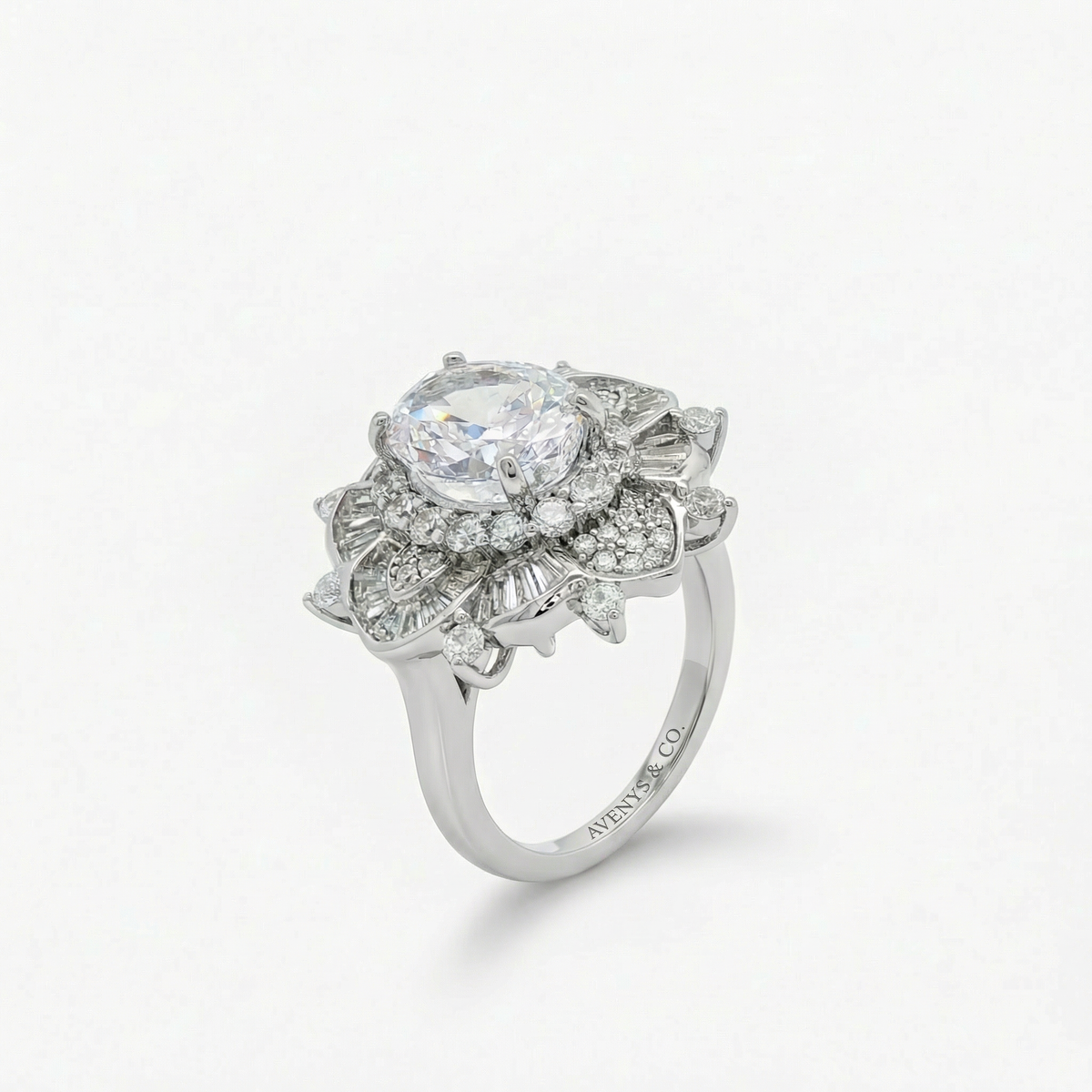 Bloom Burst Ring with White Oval Stone – on White Gold