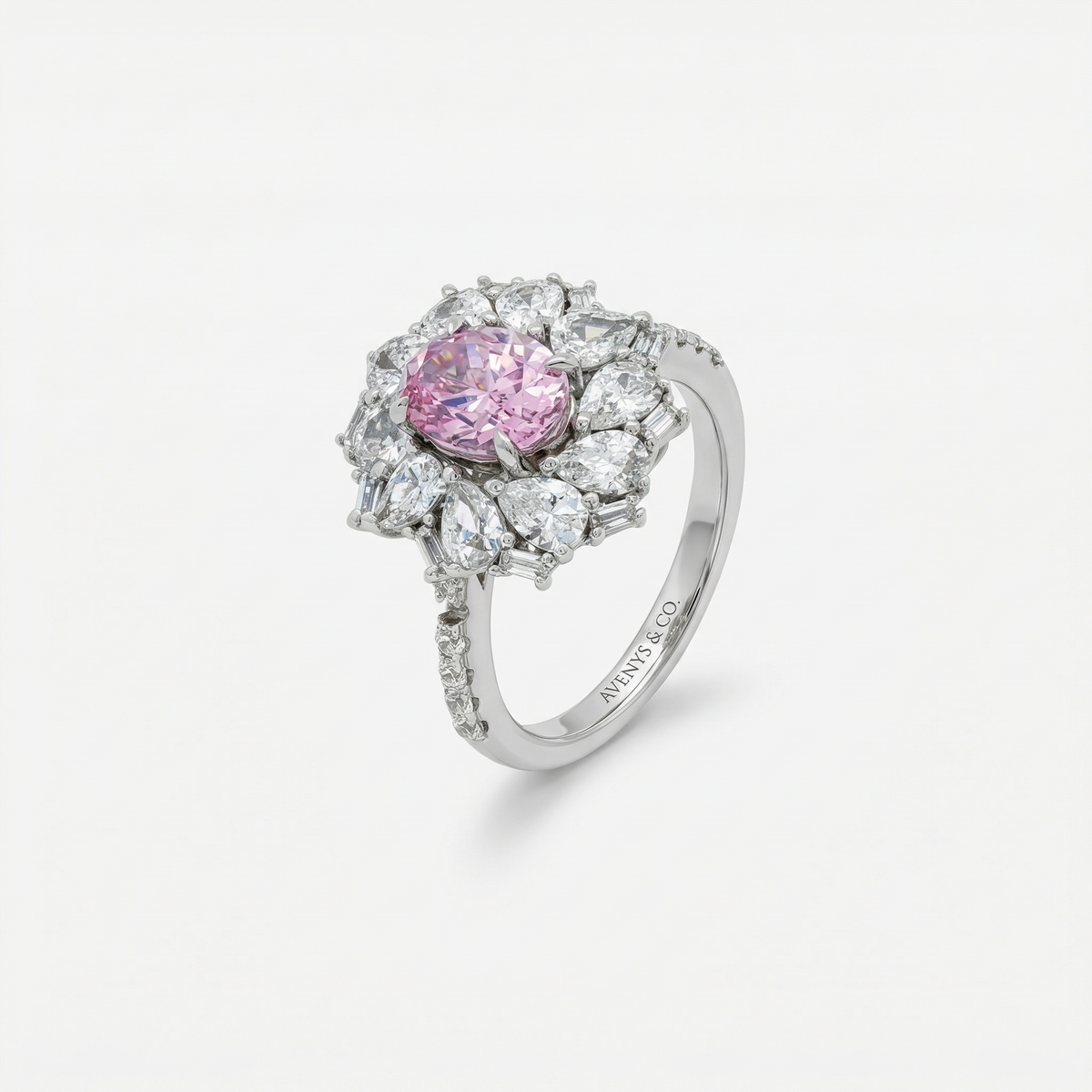 Bloom Halo Ring with Pink Oval Stone – on White Gold