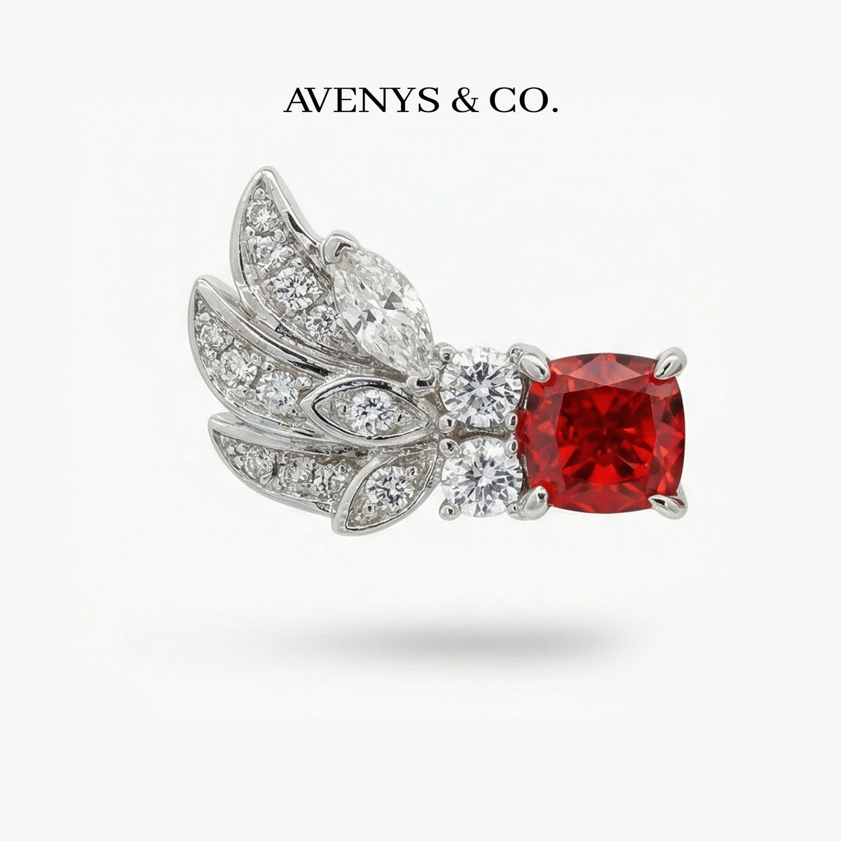 Red Wings Earrings with Red Cushion Stone – on White Gold