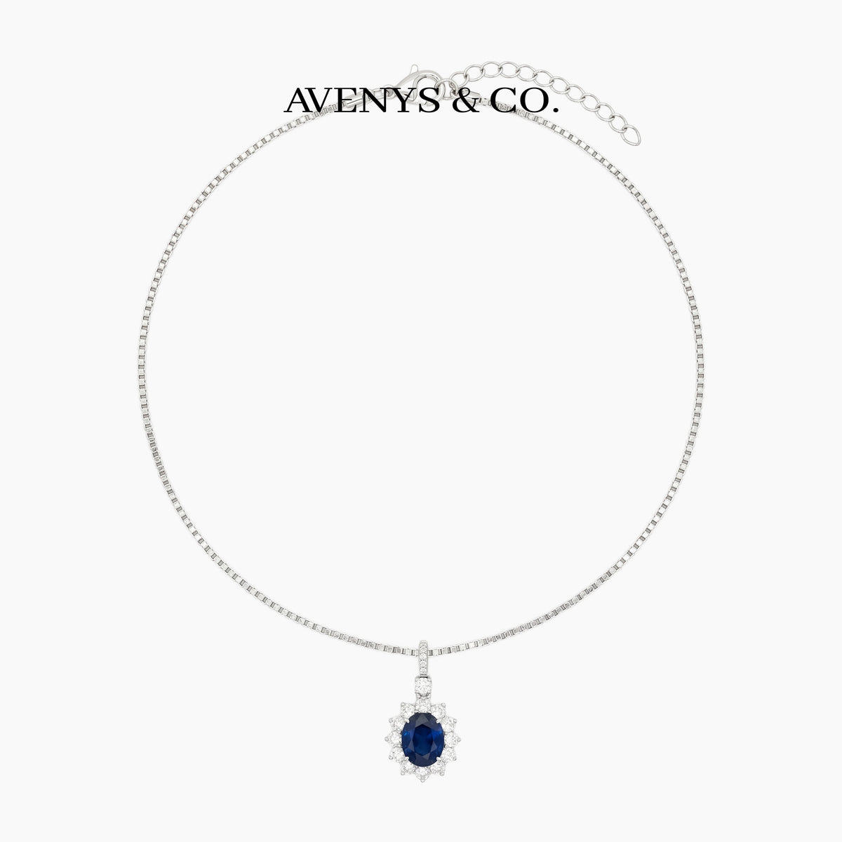 Classic Halo Necklace with Blue Oval Stone – on White Gold