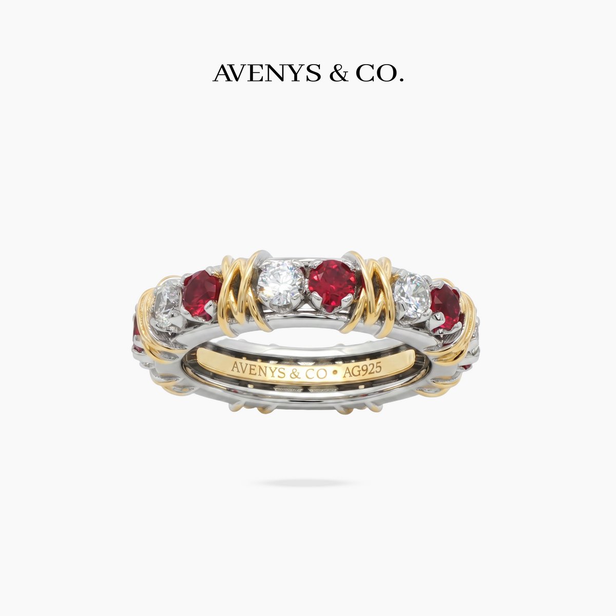 AV Signature Ring Womens with Red Round Stone – on White Gold
