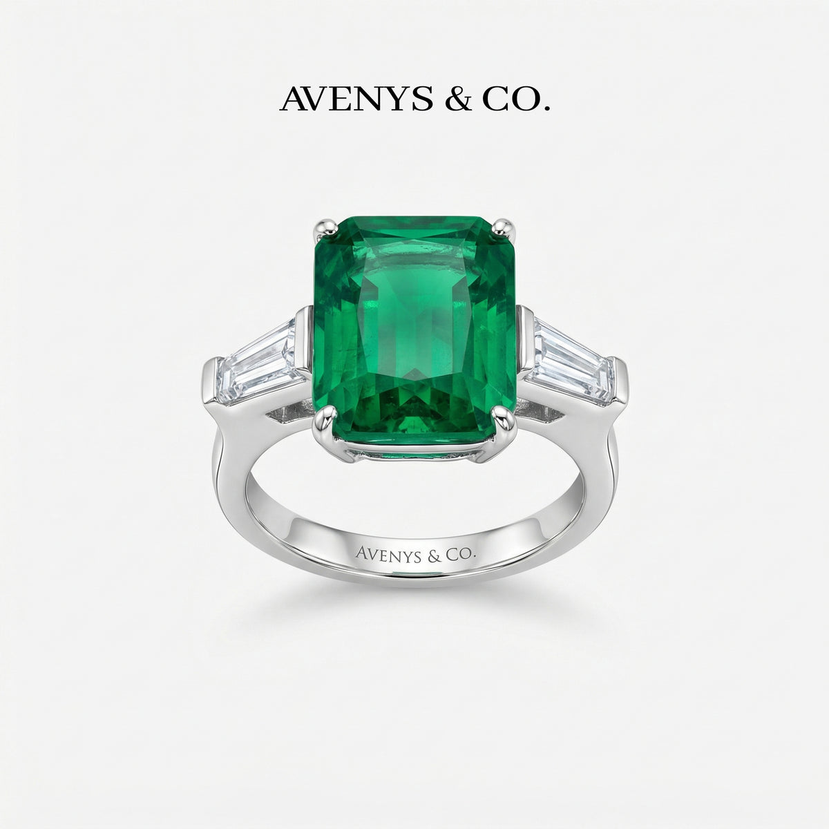 Emerald Trilogy Ring with Green Emerald Stone – on White Gold
