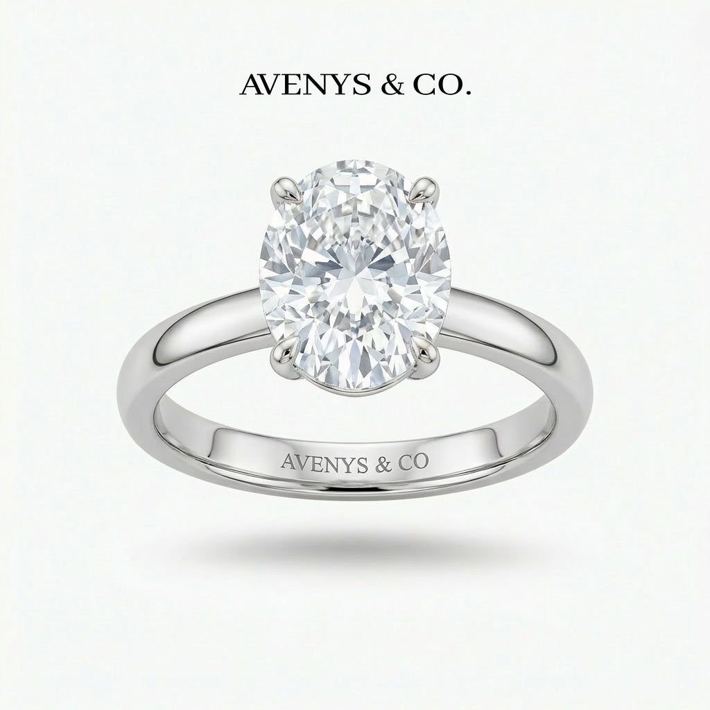 Oval Solitaire Ring with White Oval Stone – on White Gold