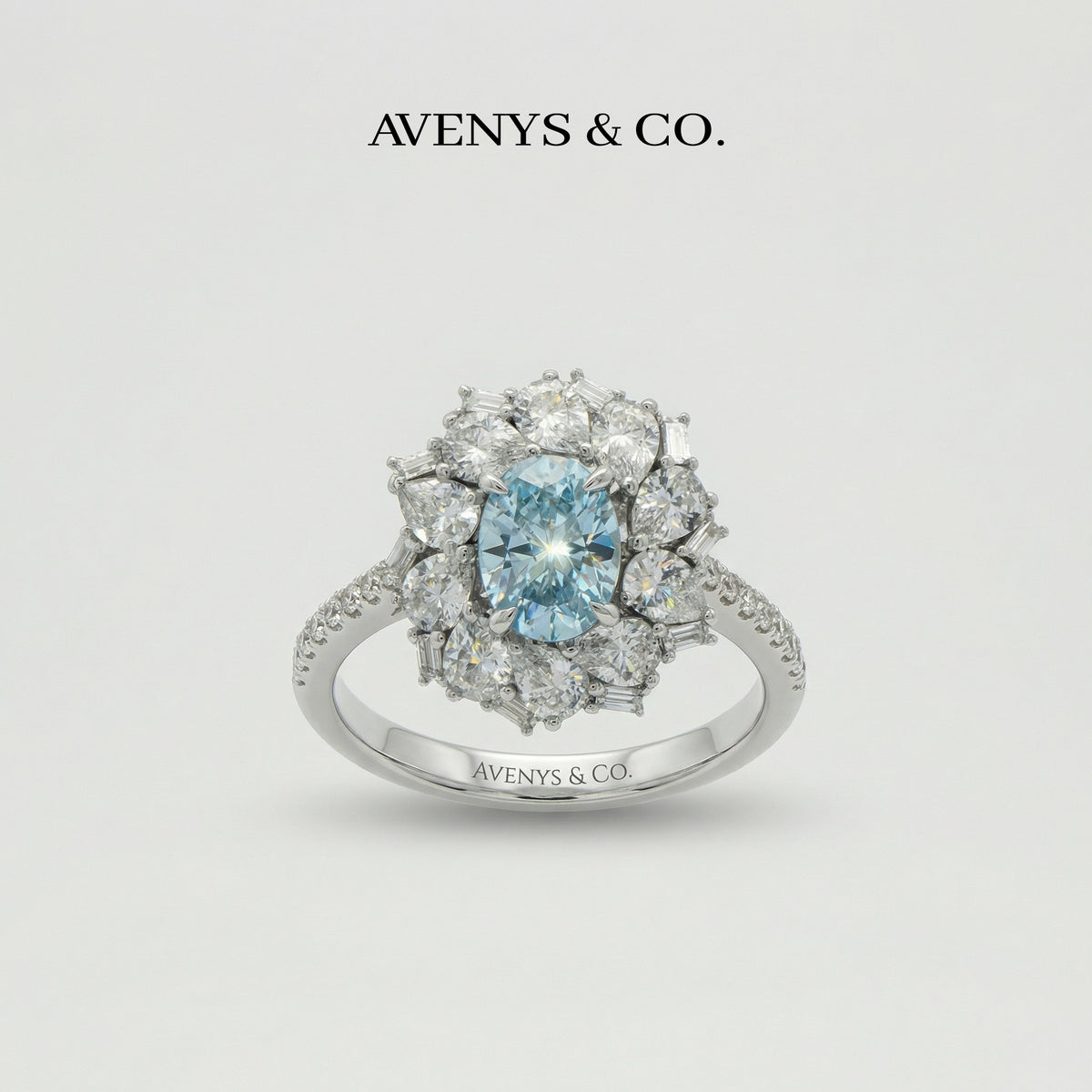 Bloom Halo Ring with Blue Oval Stone – on White Gold