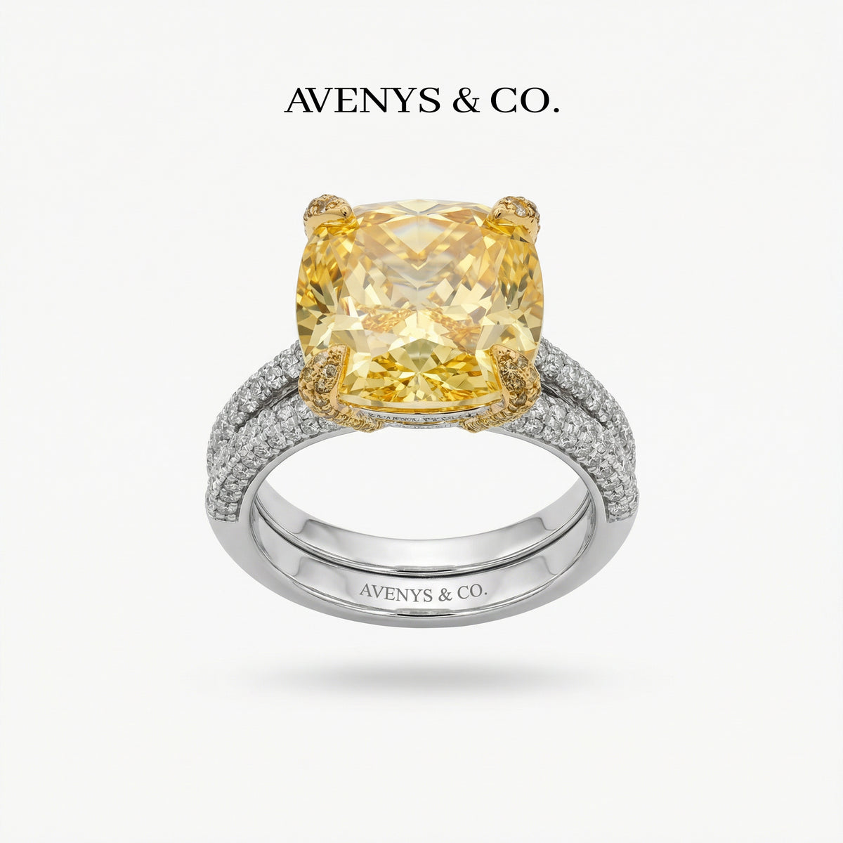 Double Shank Cocktail Ring with Yellow Cushion Stone – on White Gold