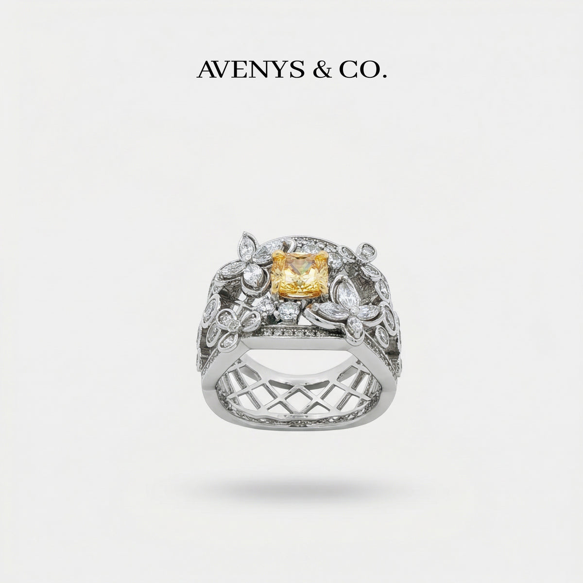 Summer Floral Ring with Yellow Cushion Stone – on White Gold