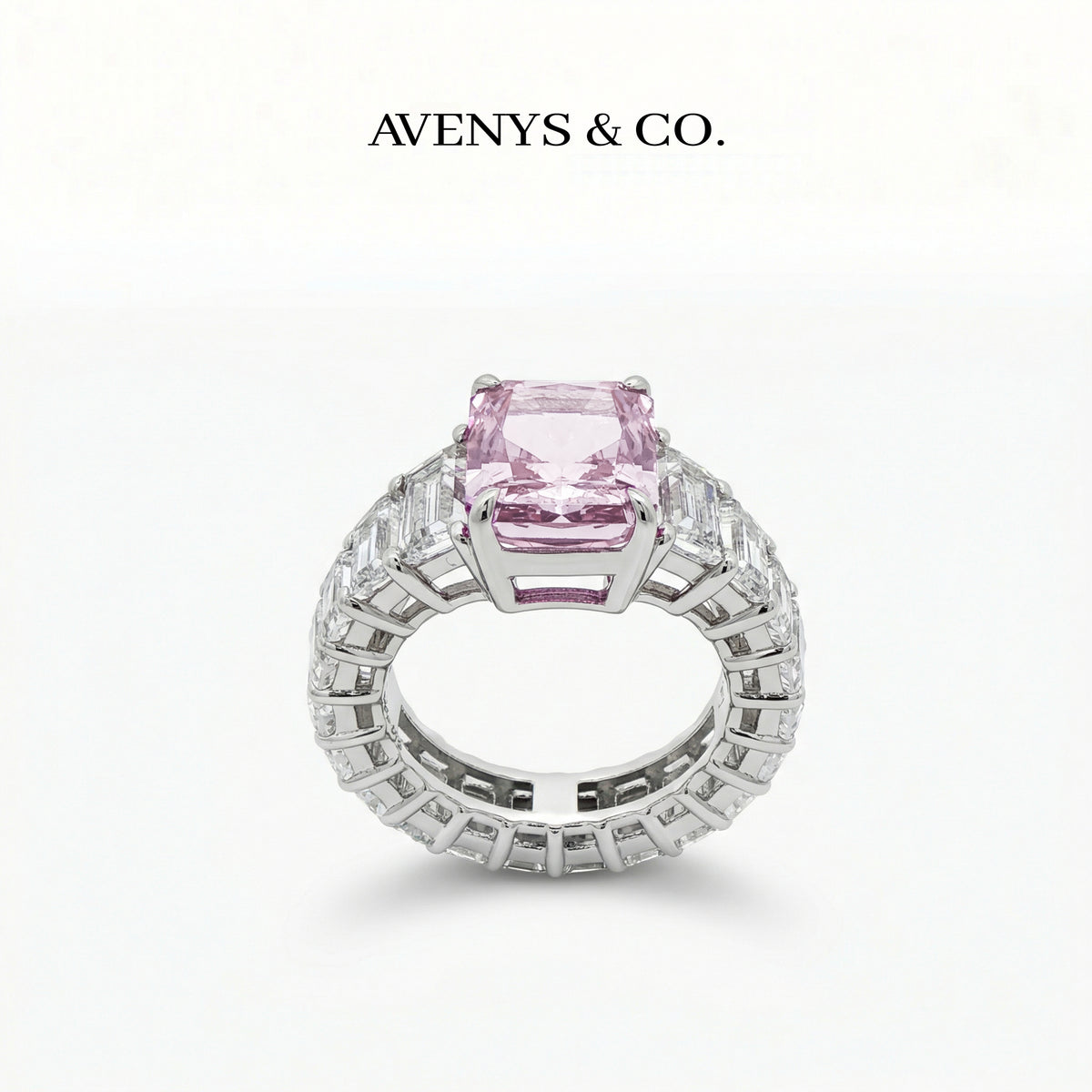 Princess Eternity Ring with Pink Radiant Stone – on White Gold