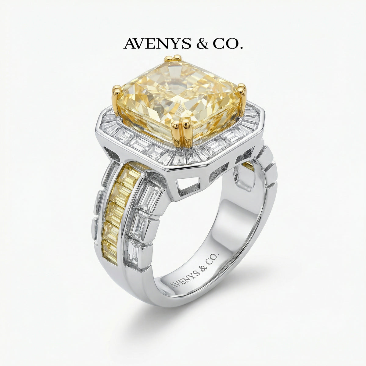 Radiant Halo Pave Ring with Yellow Round Stone – on White Gold