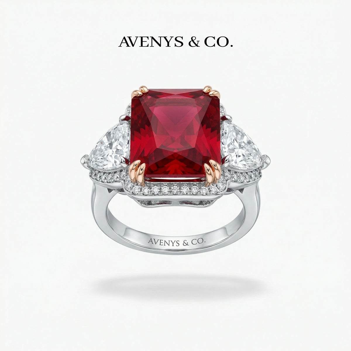 Queens Radiant Ring with Red Radiant Stone – on White Gold