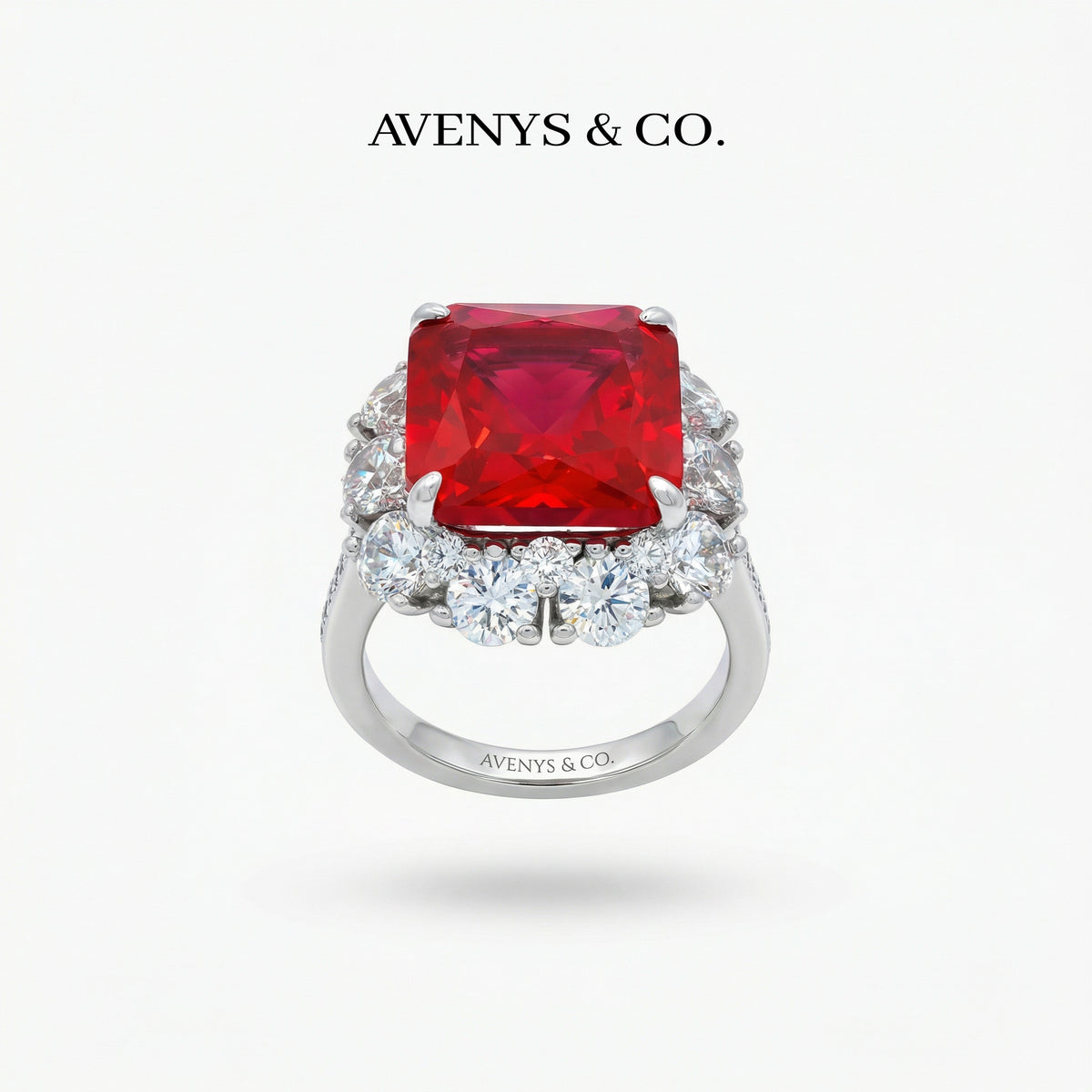Princess Halo Ring with Red Princess Stone – on White Gold