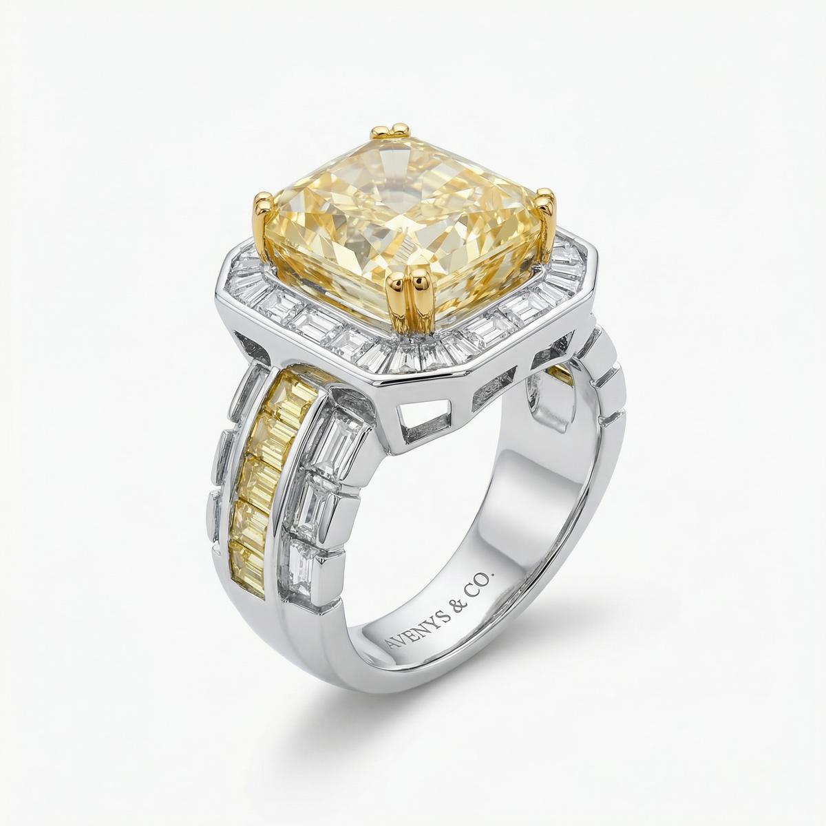 Radiant Halo Pave Ring with Yellow Round Stone – on White Gold