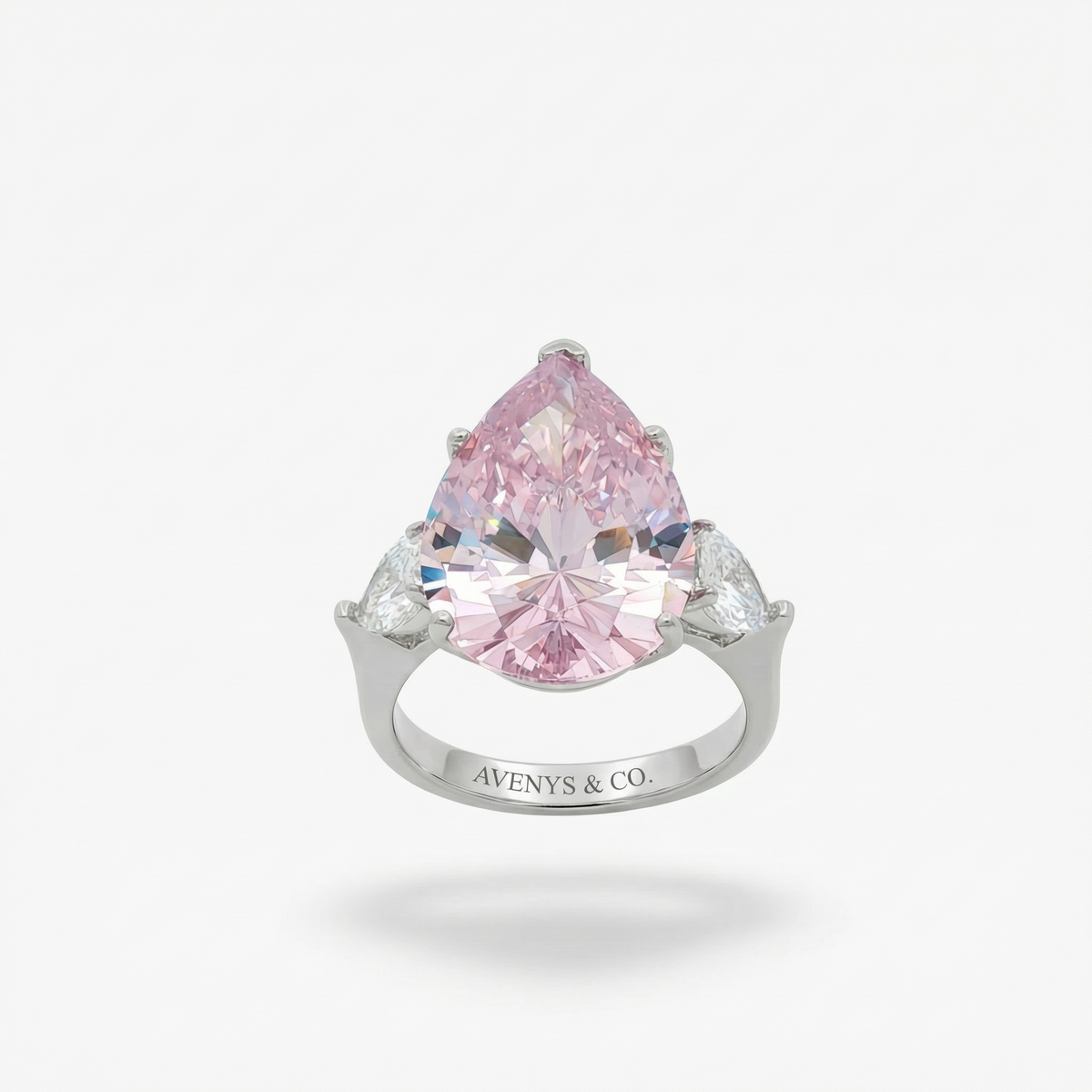 Pear Trilogy Ring with Pink Pear Stone – on White Gold