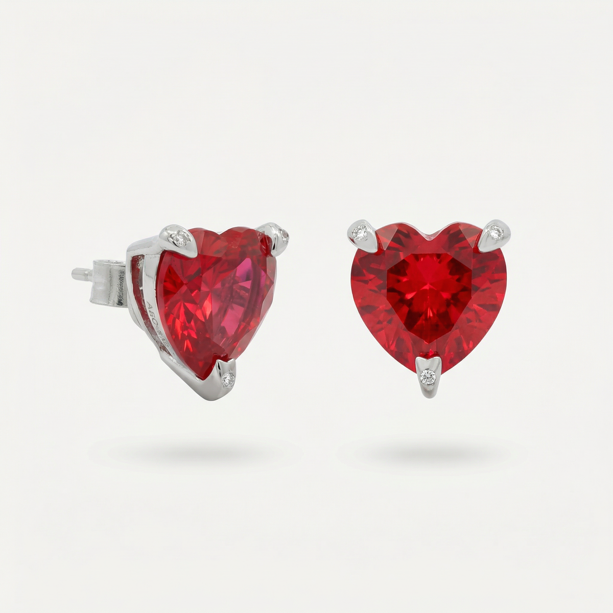 Love Heart Earrings with Red Heart Stone – on White Gold