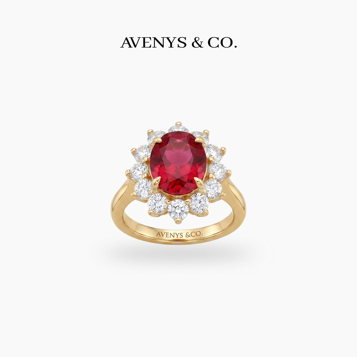 Classic Halo Ring with Red Oval Stone – on Yellow Gold