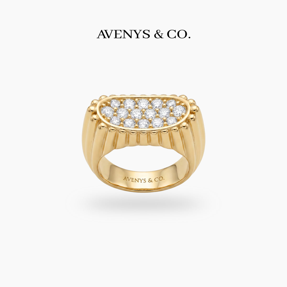 Pave Signet Ring with White Round Stone – on Yellow Gold