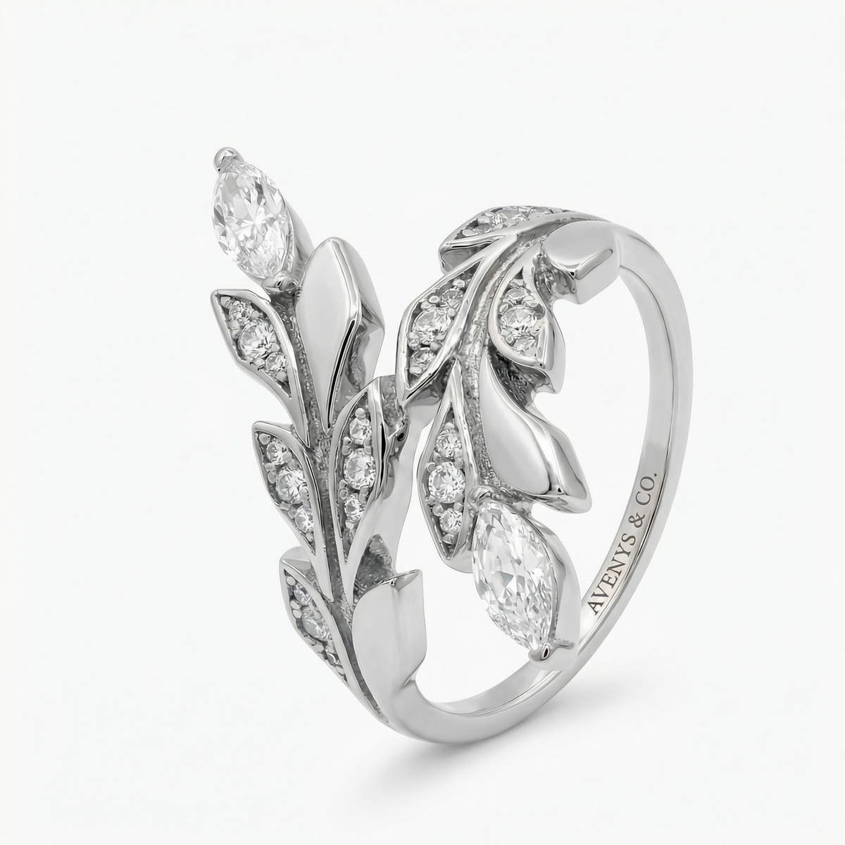 Leaf Ring with White Round Stone – on White Gold