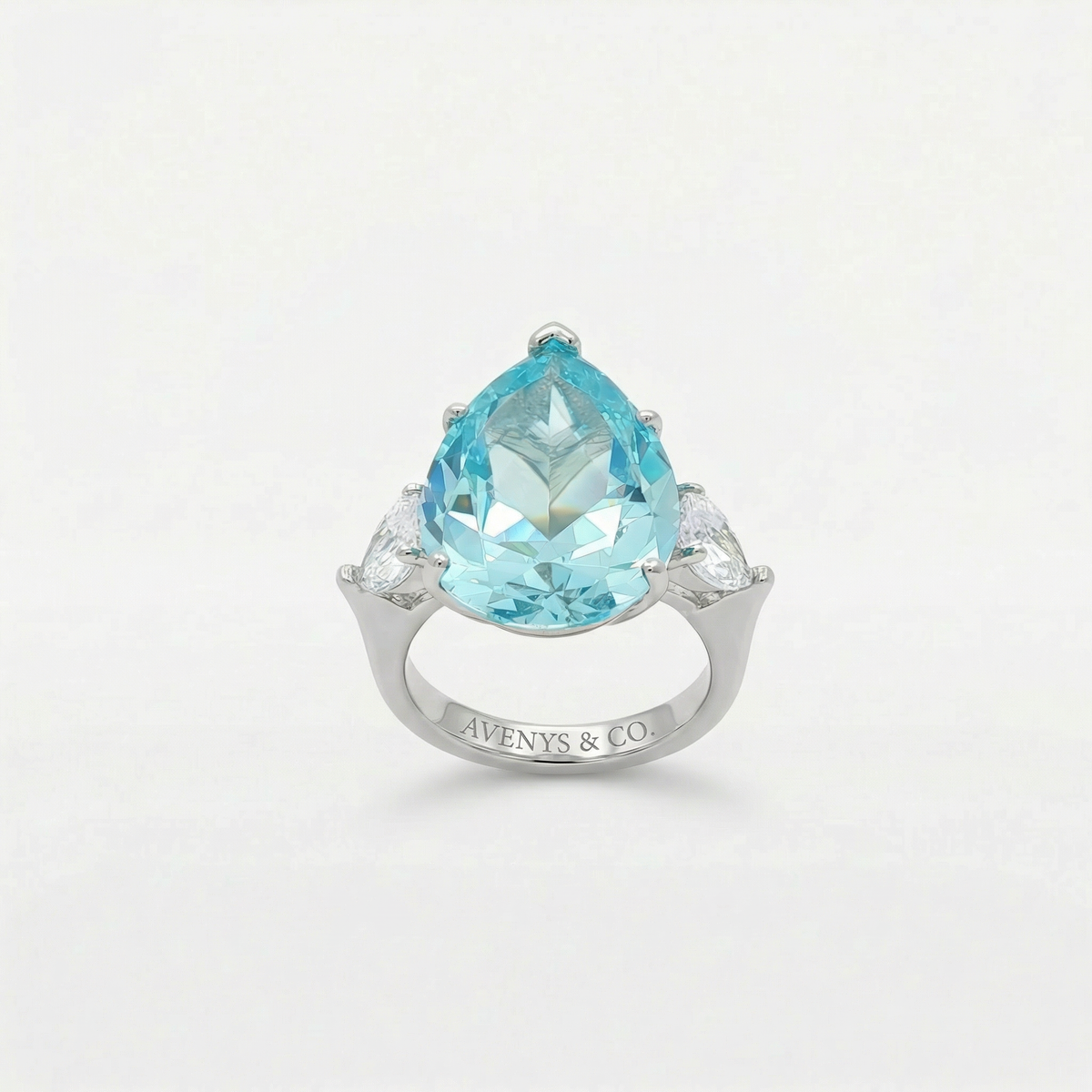 Pear Trilogy Ring with Aquamarine Pear Stone – on White Gold