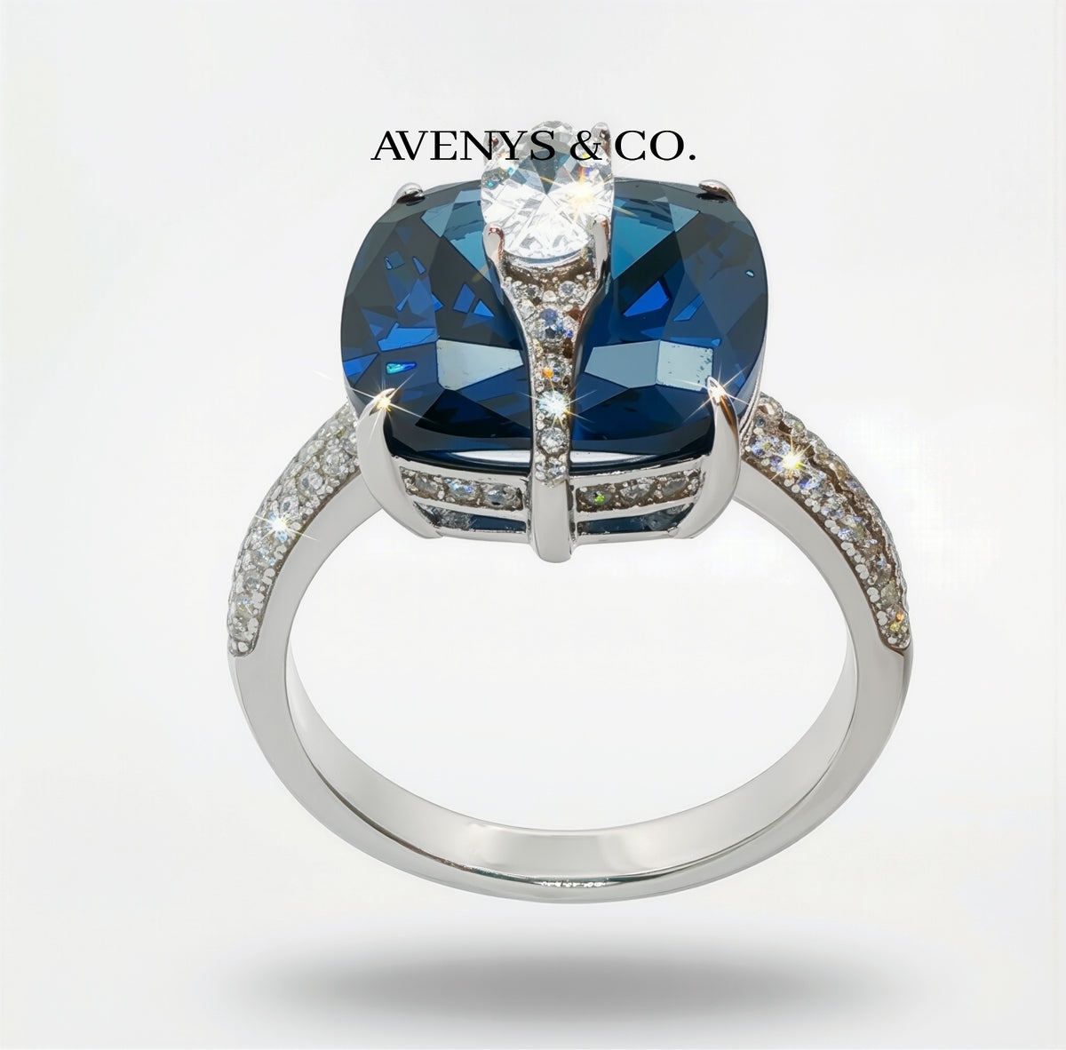 Embrace Pave Ring with Blue Cushion Stone – on White Gold