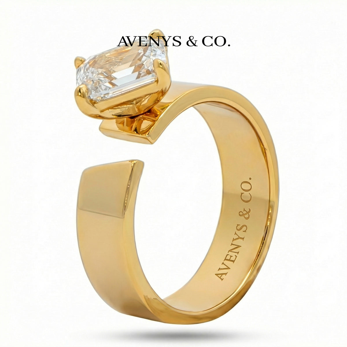 Tilt Cuff Solitaire Ring with White Emerald Stone – on Yellow Gold