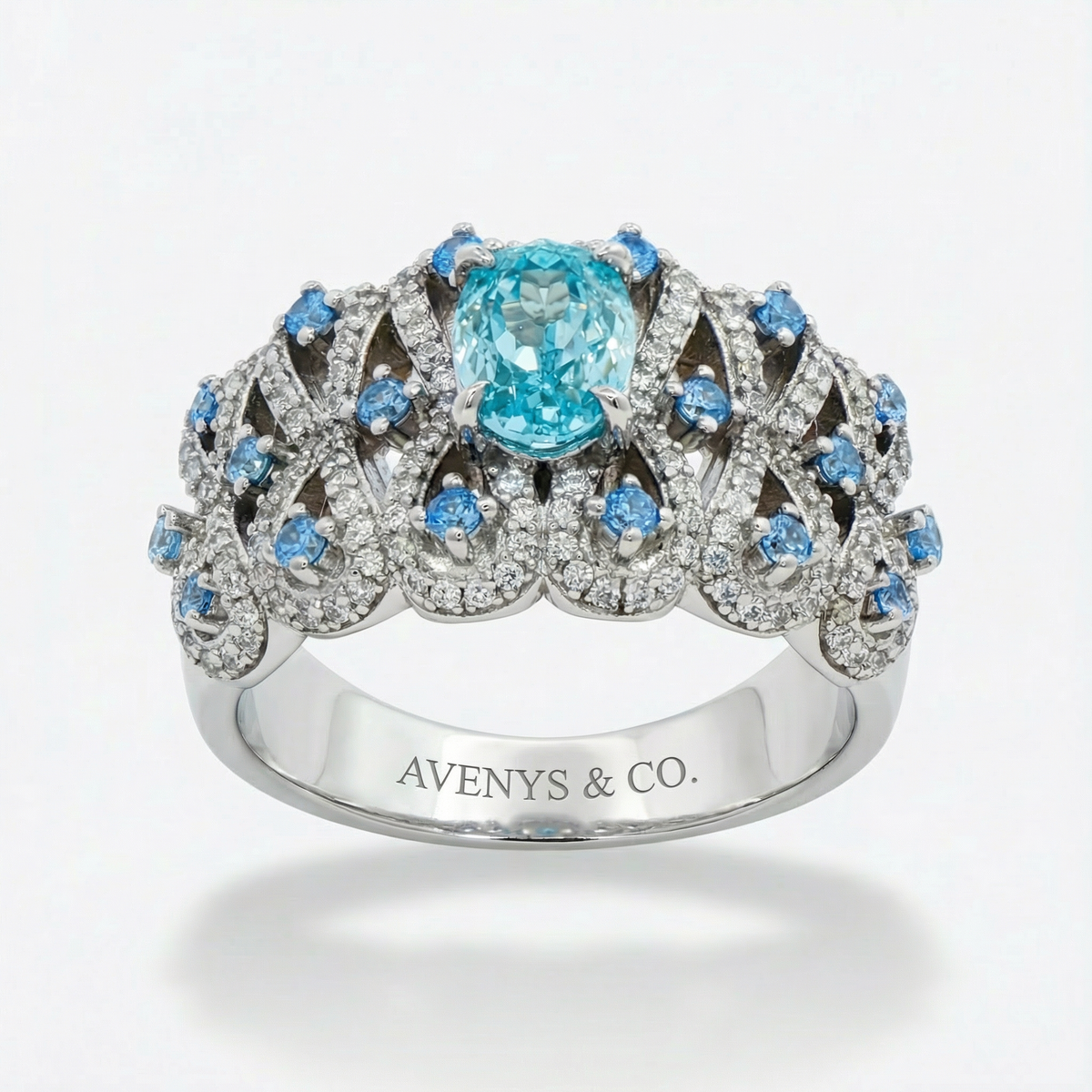 Floral Garden Ring with Aquamarine Oval Stone – on White Gold