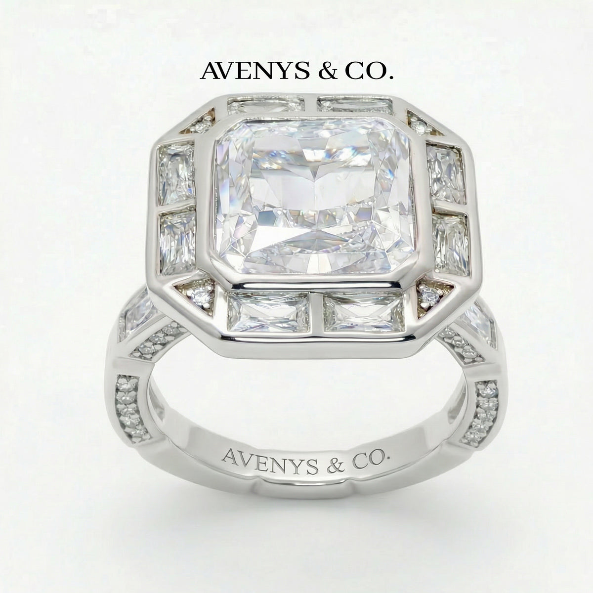 Radiant Frame Ring with White Radiant Stone – on White Gold