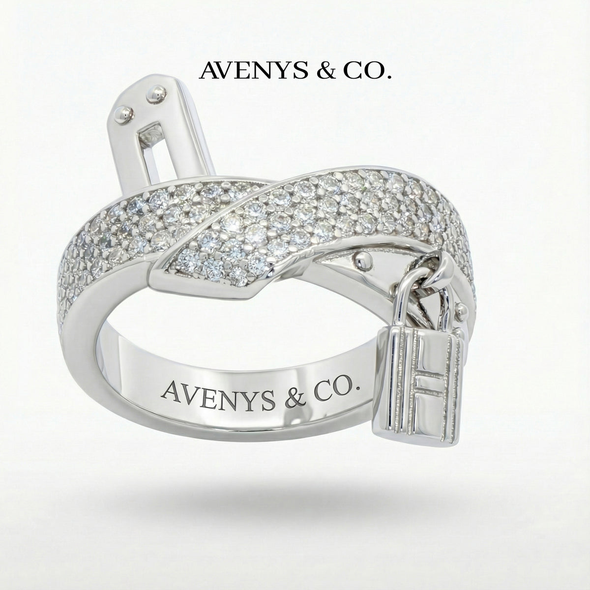 Padlock Pave Ring with White Round Stone – on White Gold