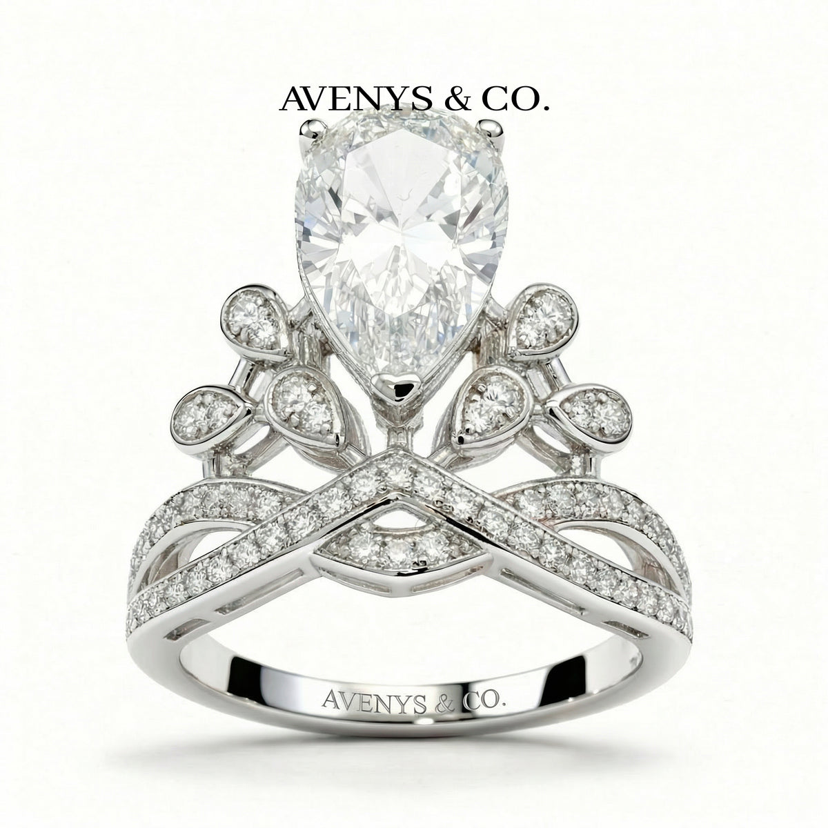 Crown Flower Ring with White Pear Stone – on White Gold