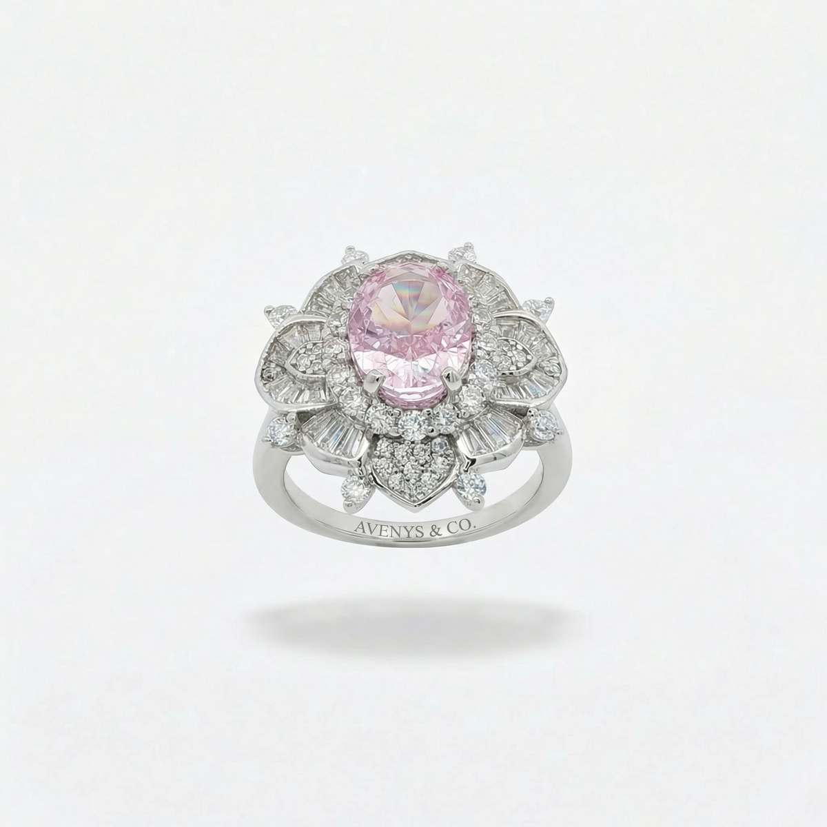 Bloom Burst Ring with Pink Oval Stone – on White Gold