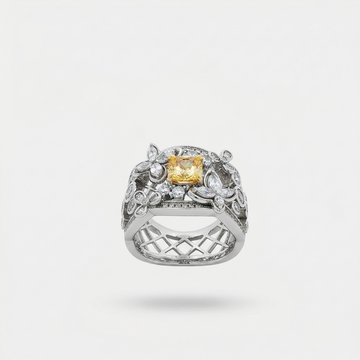 Summer Floral Ring with Yellow Cushion Stone – on White Gold