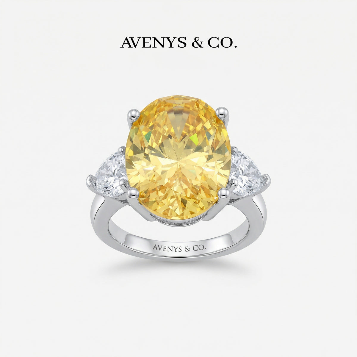 Oval Trilogy Pear Ring with Yellow Oval Stone – on White Gold