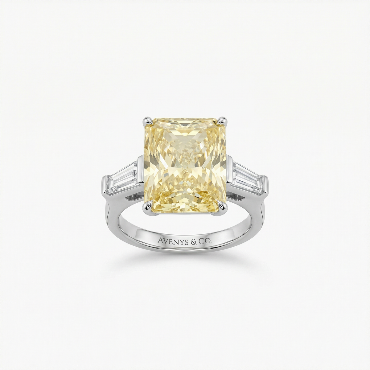 Radiant Trilogy Ring with Yellow Radiant Stone – on White Gold
