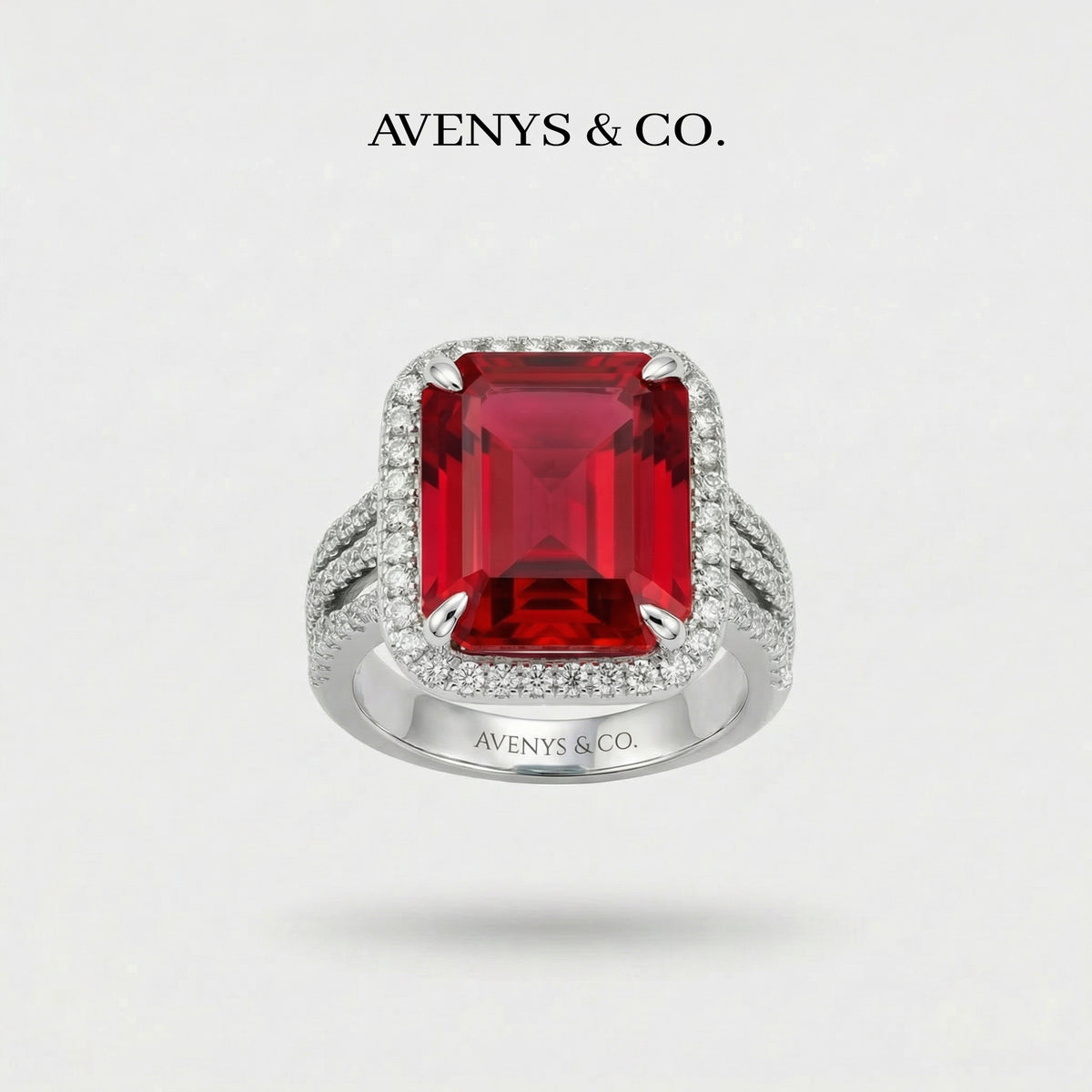 Triple Shank Radiant Ring with Red Radiant Stone – on White Gold