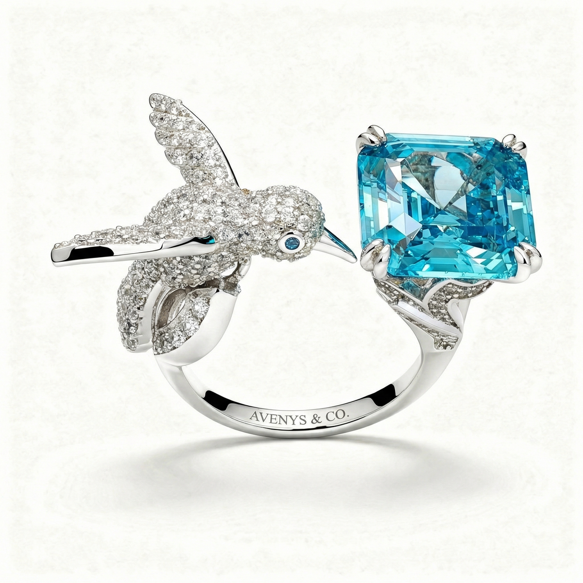 Bird Nesting Ring with Aquamarine Asscher Stone – on White Gold