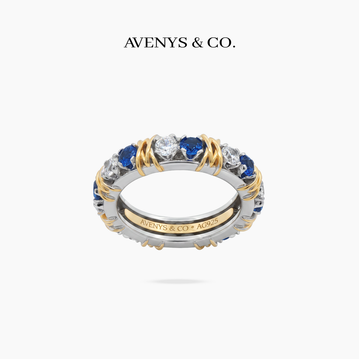 AV Signature Ring Womens with Blue Round Stone – on White Gold