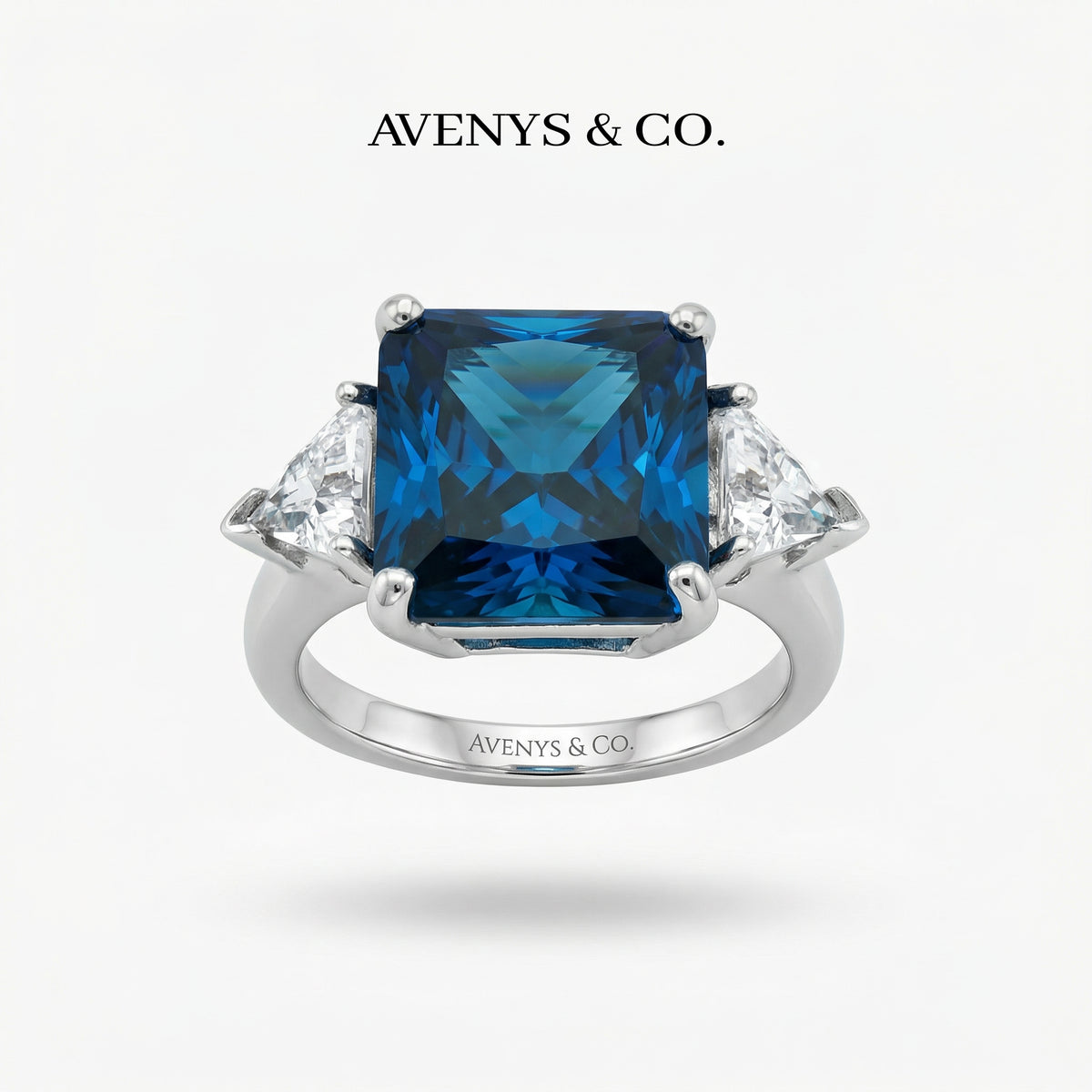 Square Radiant Ring with Blue Radiant Stone – on White Gold