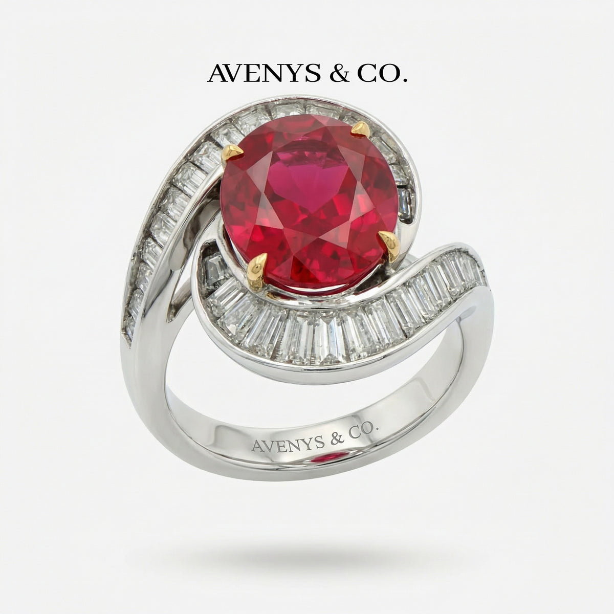Eclipse Ring with Avenys Created Pigeon Blood Oval Ruby – on White Gold