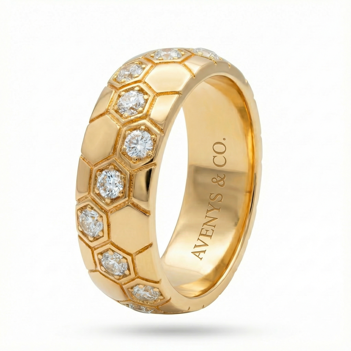 Honeycomb Wide Ring with White Round Stone – on Yellow Gold