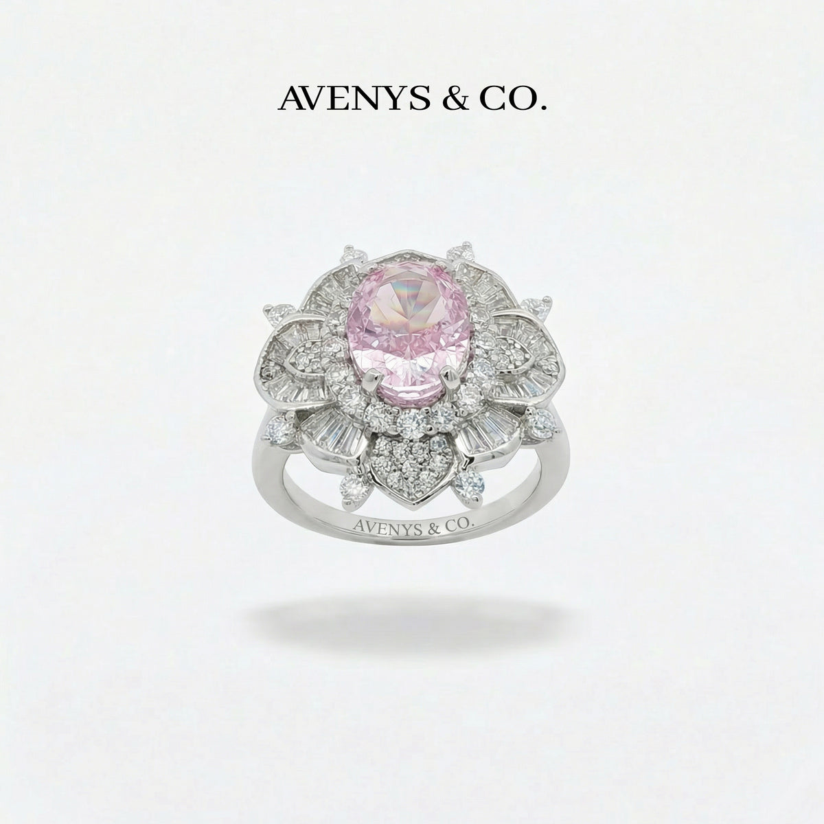 Bloom Burst Ring with Pink Oval Stone – on White Gold