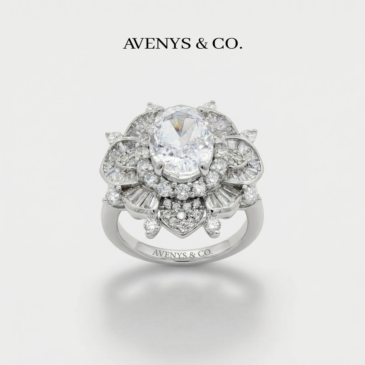 Bloom Burst Ring with White Oval Stone – on White Gold