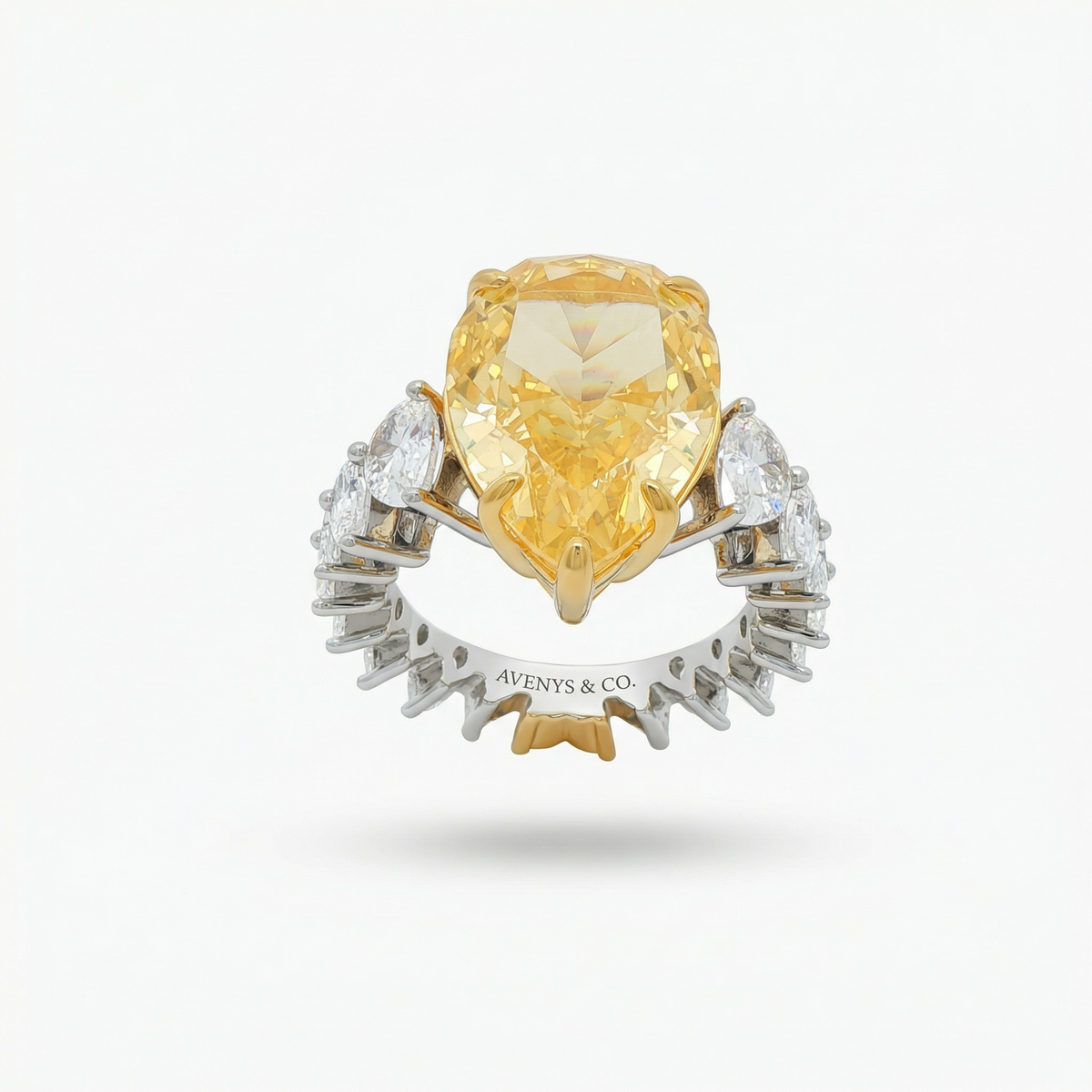 Queens Pear Pave Solitaire with Yellow Pear Stone – on White Gold