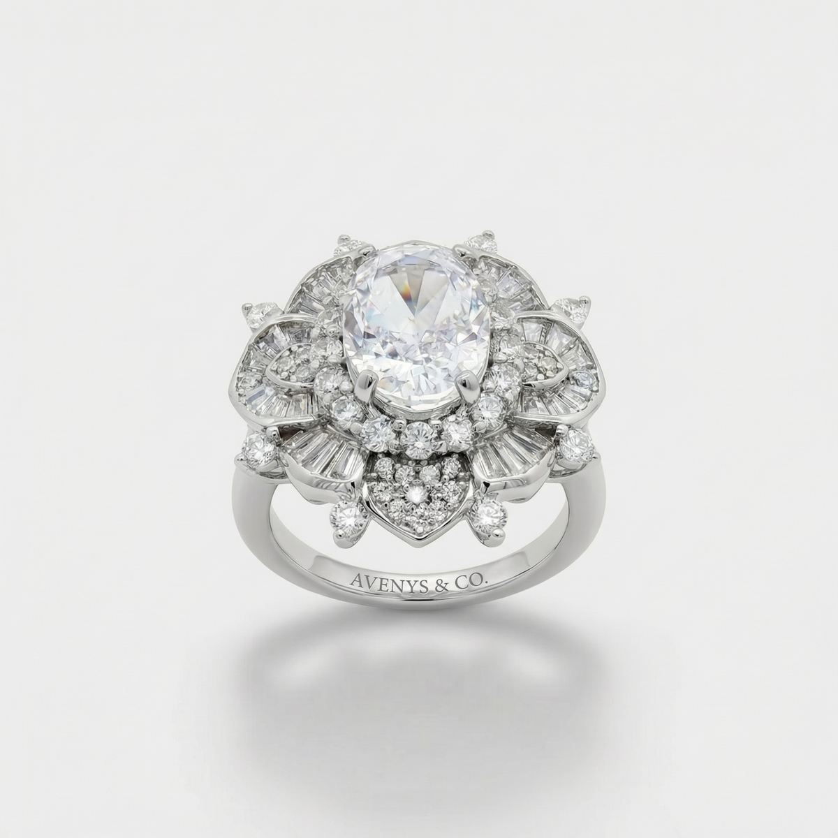 Bloom Burst Ring with White Oval Stone – on White Gold