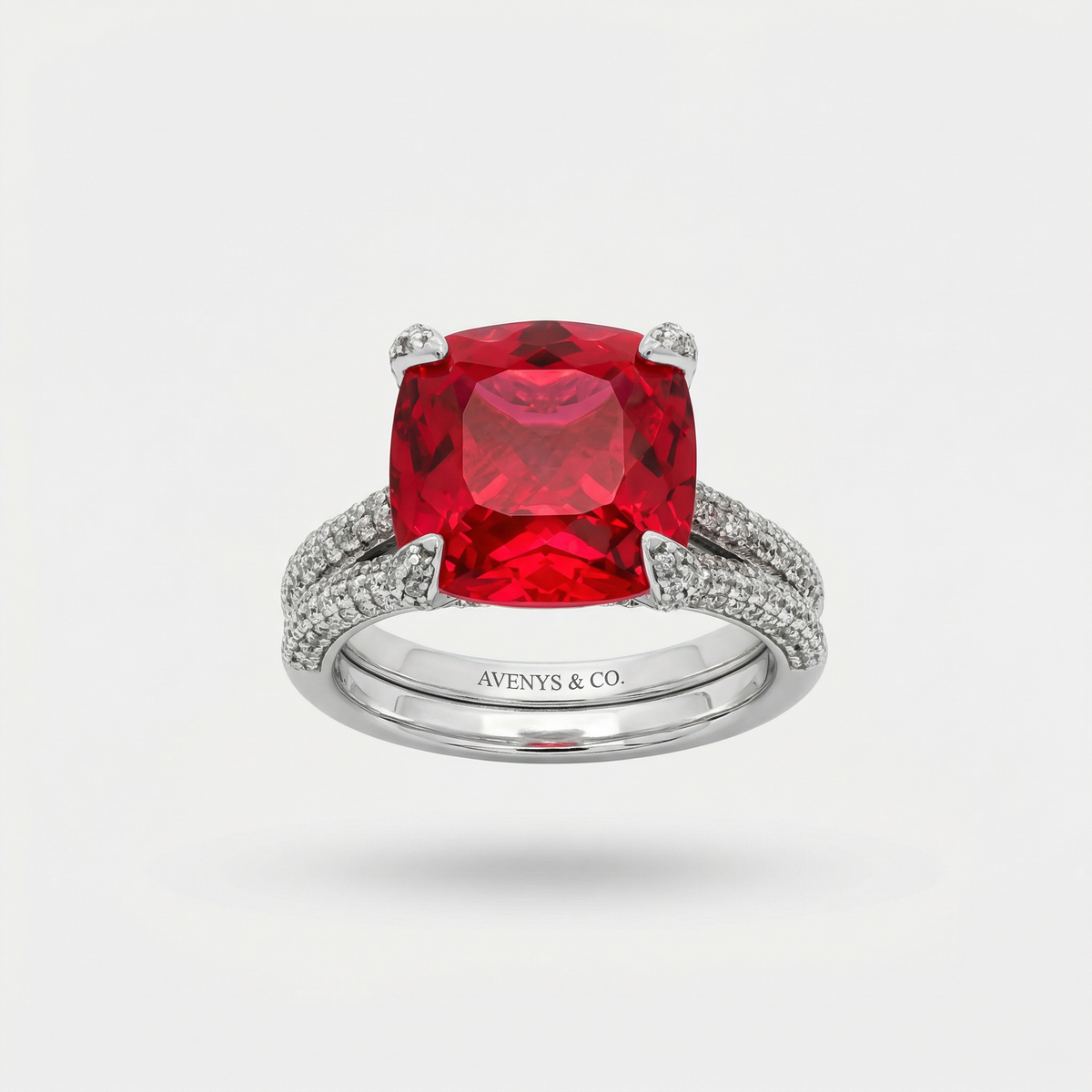 Double Shank Cocktail Ring with Red Cushion Garnet – on White Gold